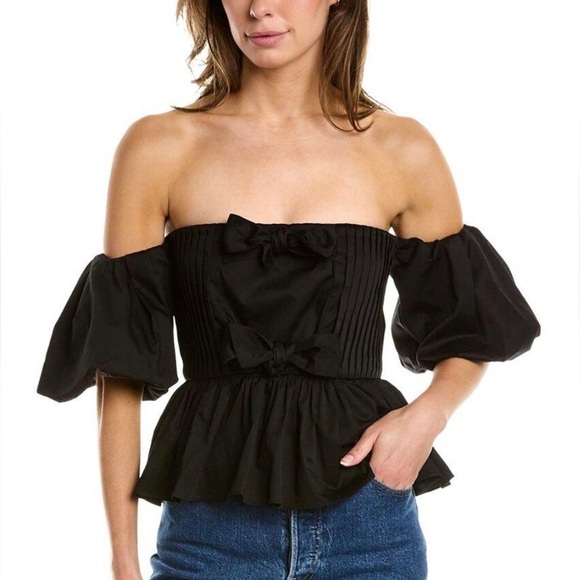 NWT Hunter Bell Anthropologie Rhea Top Off Shoulder Ribbon Pleated Black Size 6 - Picture 2 of 14
